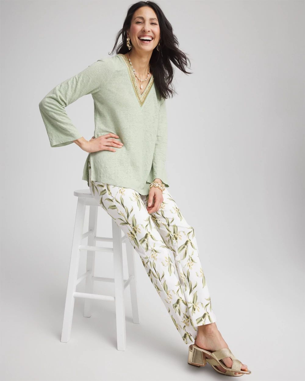 売れ筋商品|||ダナ キャラン ニューヨーク カットソー トップス レディース Women's Seamed-Front V-Neck Curved-Hem Linen Blouse White Trendy V-Neck Button Down Blouse – COMMENSE